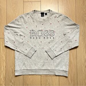 Hugo Boss Crewneck Sweatshirt Grey All Over Letter Logo Print Medium